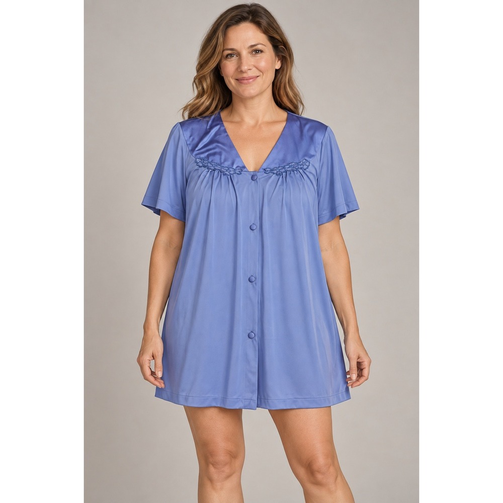 Vanity Fair Bed Jacket Womens 2X Blue Excellent Button Front Satin Trim 90-807